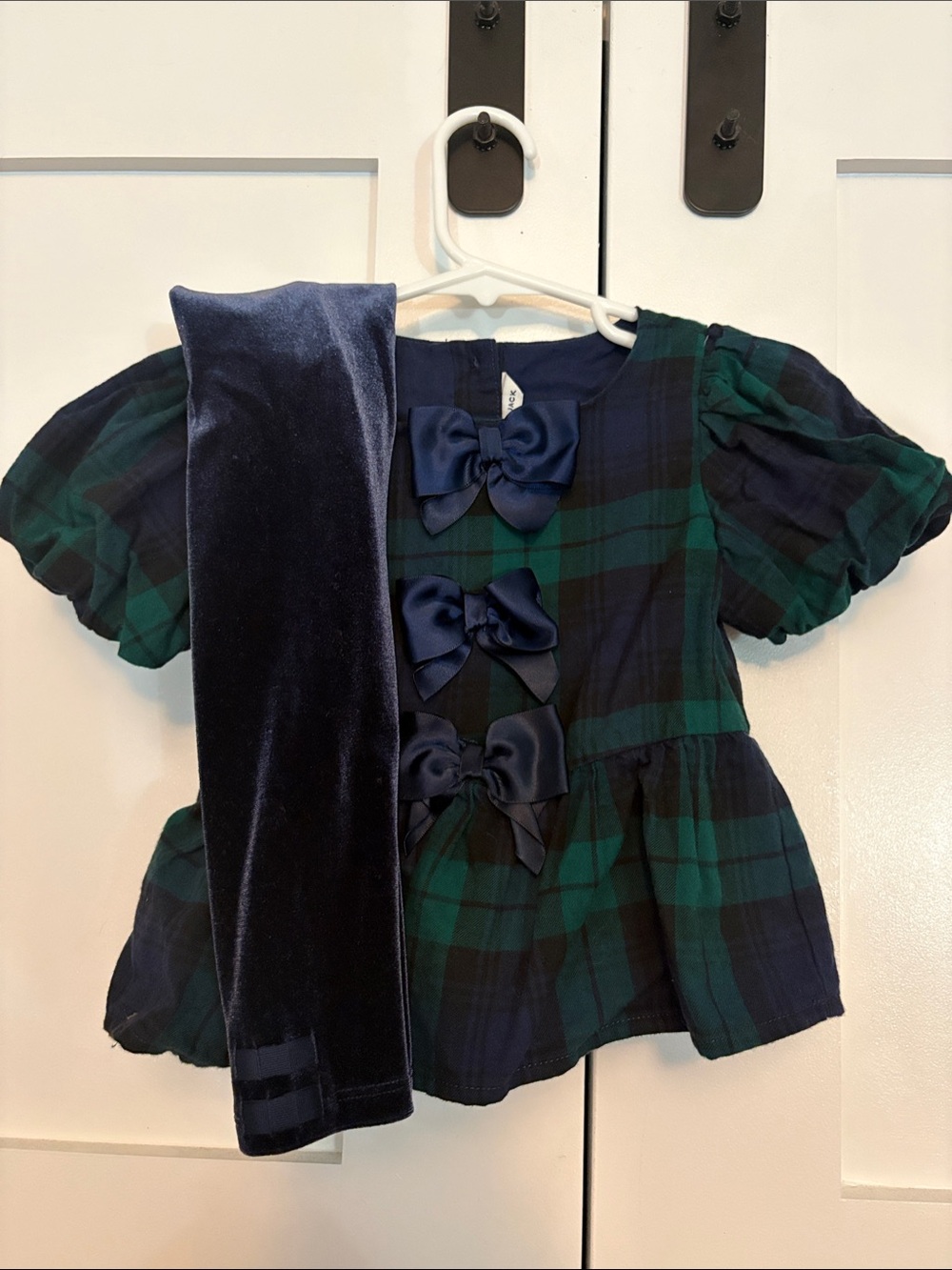 Janie and Jack Navy and Green Plaid Top with Velvet Leggings